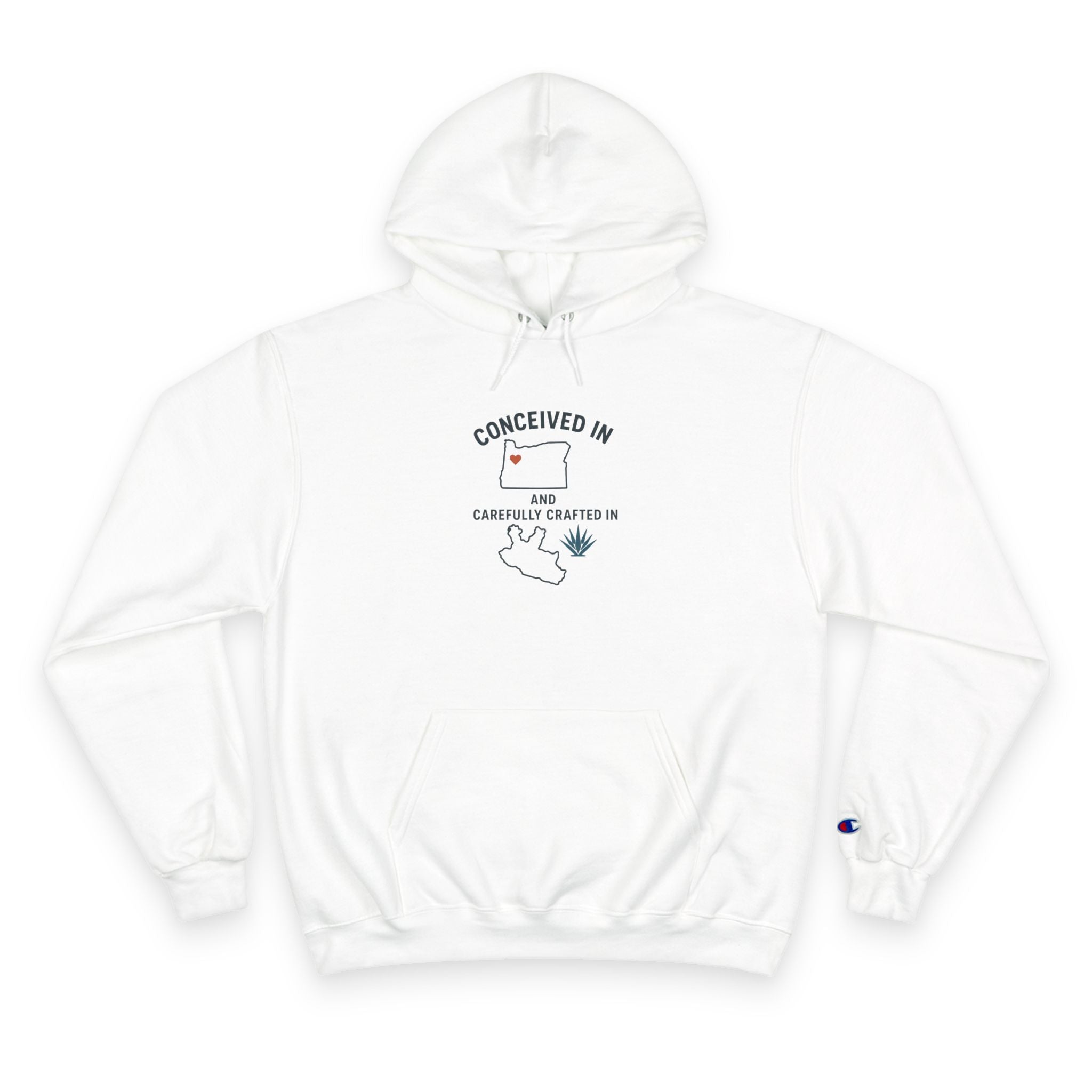 Champion Hoodie — 'Conceived In' Minimal Graphic Hoodie with Sunset 'Nec Esit A. Tequila' Back Print